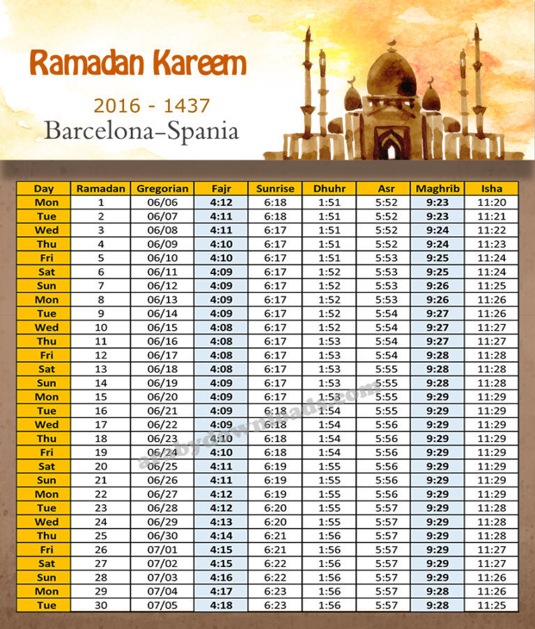 امساكية رمضان برشلونة اسبانيا 2016 Imsakia Ramadan Barcelona