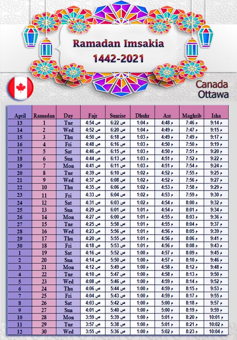 امساكية رمضان 2021 أوتاوا كندا حسب تقويم 1442 Ramadan Imsakia Ottawa Canada